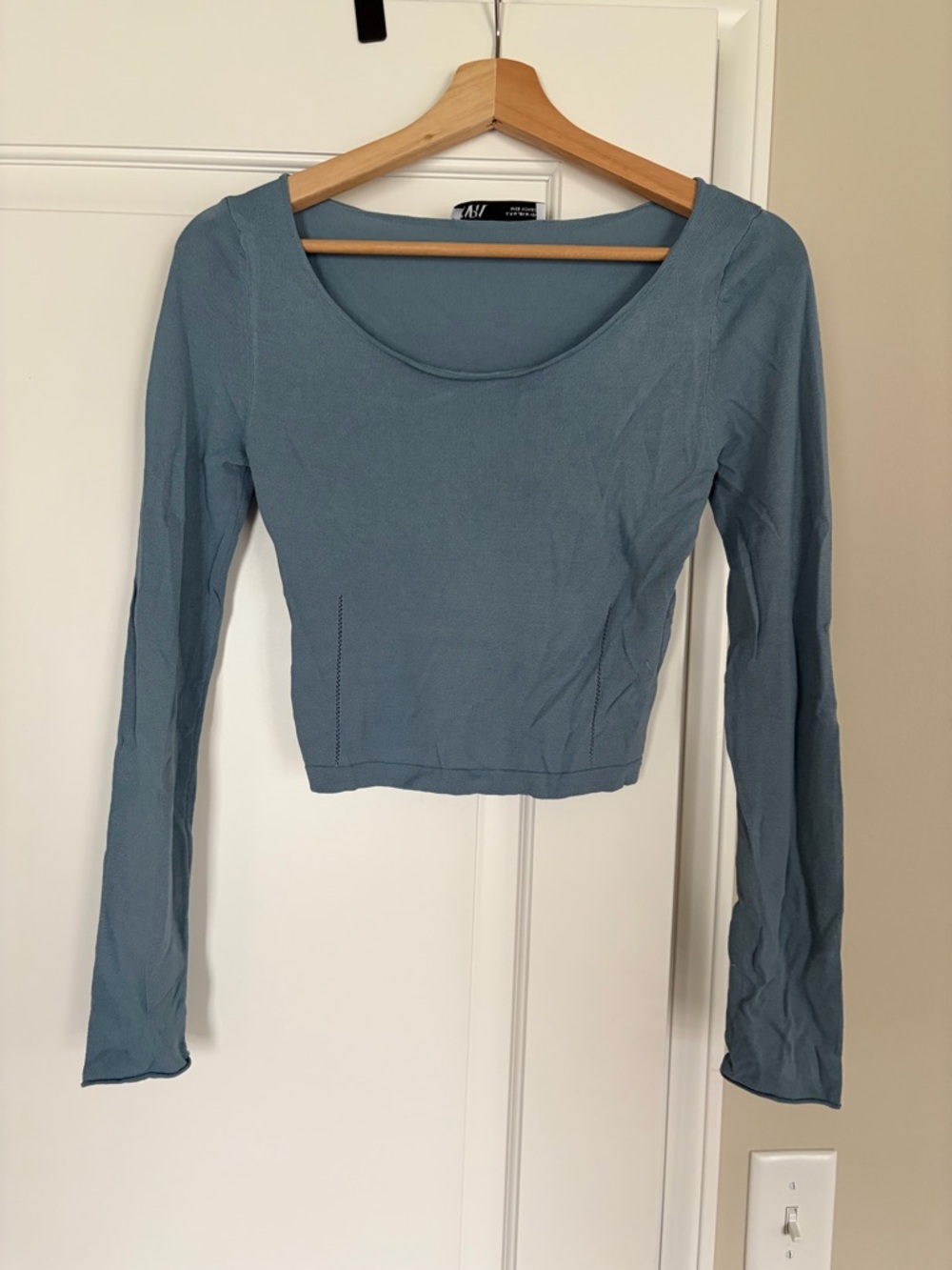Zara Scoop Neck Long Sleeve Crop Top in Dusty Blue